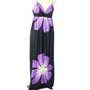 Maxi Dress Black Large Purple Flower Print Stretchy Boho